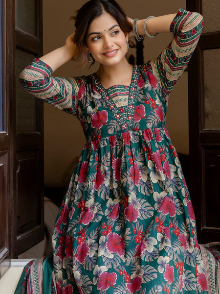 EthniFlair Floral Printed Empire Kurta with Trousers & Dupatta