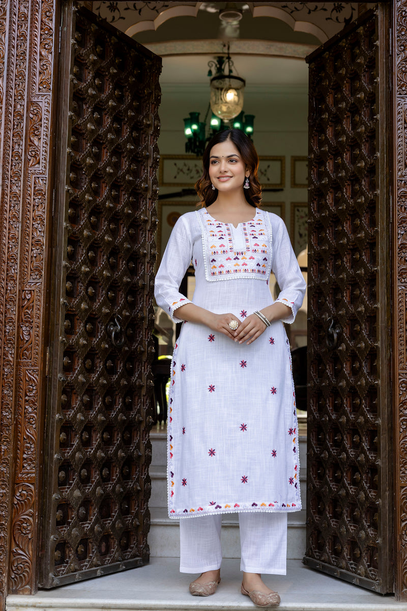 EthniFlair Embroidered Notch Neck Straight Kurta With Trousers & Dupatta