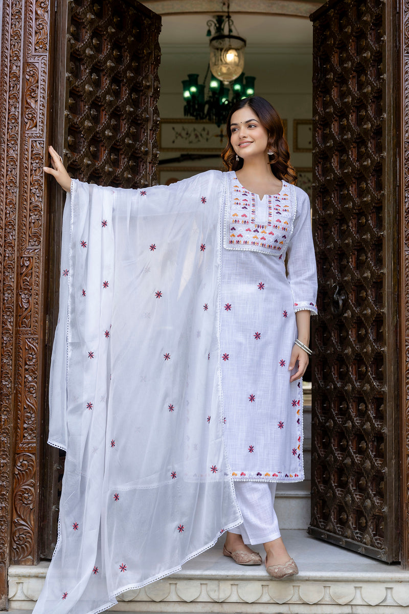 EthniFlair Embroidered Notch Neck Straight Kurta With Trousers & Dupatta