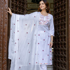 EthniFlair Embroidered Notch Neck Straight Kurta With Trousers & Dupatta