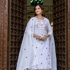 EthniFlair Embroidered Notch Neck Straight Kurta With Trousers & Dupatta