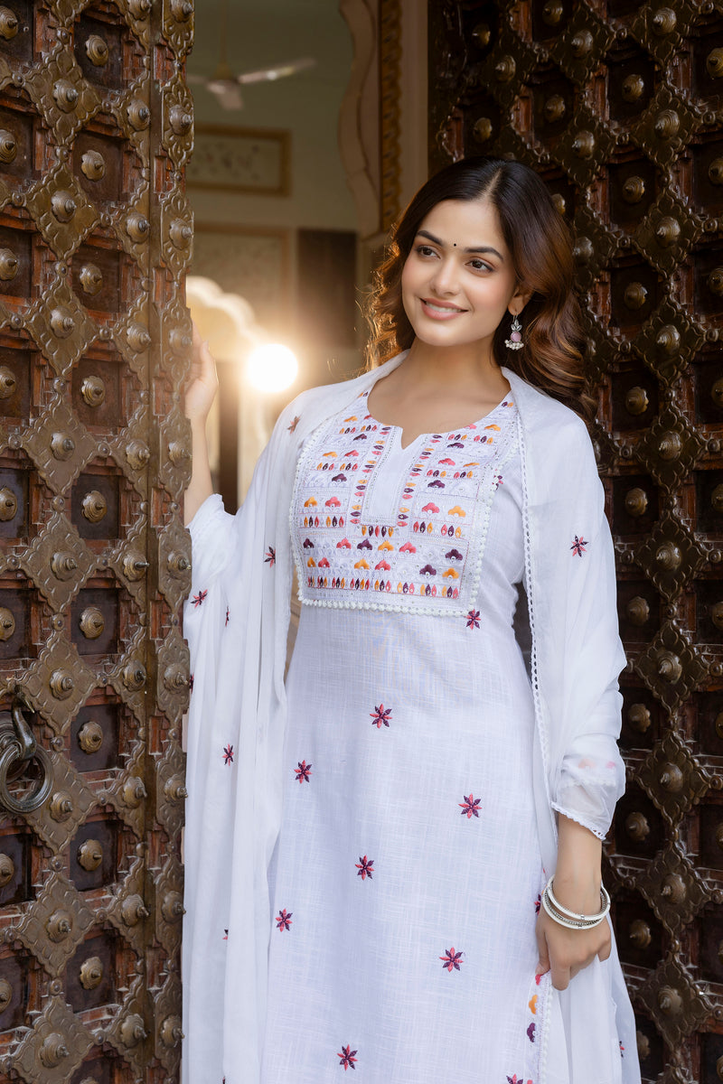 EthniFlair Embroidered Notch Neck Straight Kurta With Trousers & Dupatta