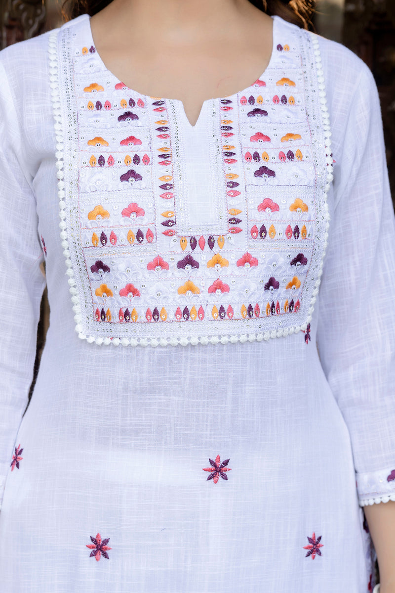 EthniFlair Embroidered Notch Neck Straight Kurta With Trousers & Dupatta