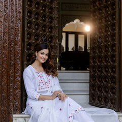 EthniFlair Embroidered Notch Neck Straight Kurta With Trousers & Dupatta