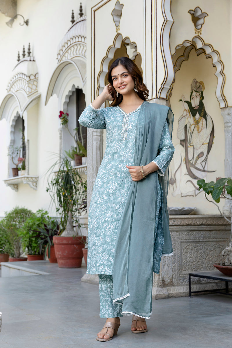 EthniFlair Floral Yoke Design Aari Work Kurta with Pyjamas & Dupatta