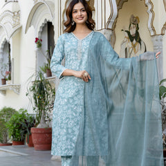 EthniFlair Floral Yoke Design Aari Work Kurta with Pyjamas & Dupatta