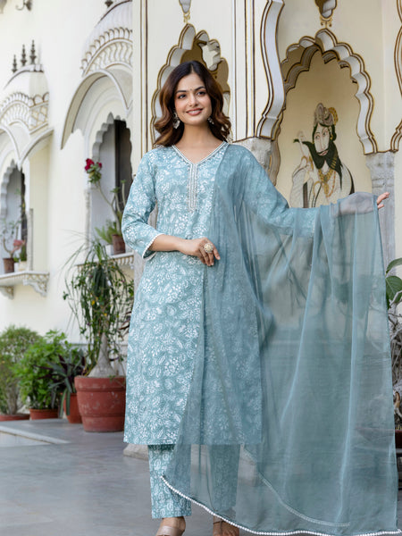 EthniFlair Floral Yoke Design Aari Work Kurta with Pyjamas & Dupatta