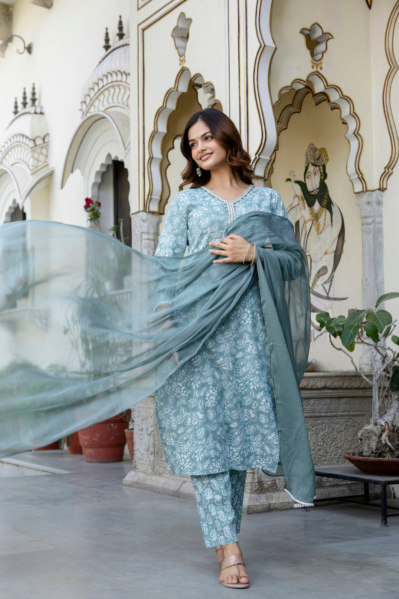 EthniFlair Floral Yoke Design Aari Work Kurta with Pyjamas & Dupatta