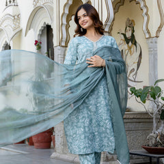 EthniFlair Floral Yoke Design Aari Work Kurta with Pyjamas & Dupatta