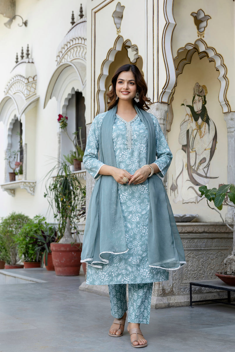 EthniFlair Floral Yoke Design Aari Work Kurta with Pyjamas & Dupatta