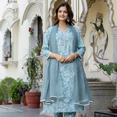 EthniFlair Floral Yoke Design Aari Work Kurta with Pyjamas & Dupatta