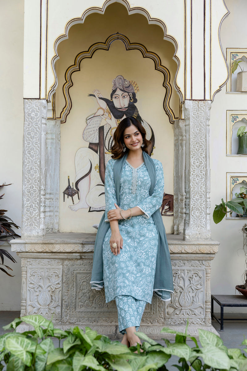 EthniFlair Floral Yoke Design Aari Work Kurta with Pyjamas & Dupatta