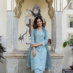 EthniFlair Floral Yoke Design Aari Work Kurta with Pyjamas & Dupatta