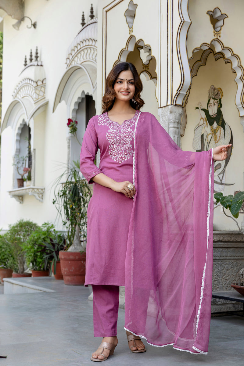 EthniFlair Yoke Design Notch Neck Straight Kurta With Trousers & Dupatta