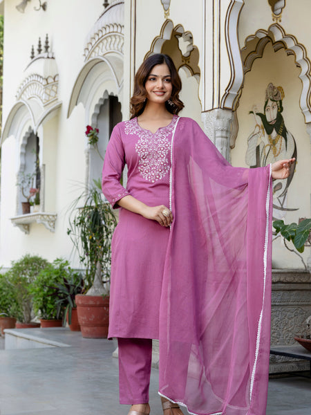 EthniFlair Yoke Design Notch Neck Straight Kurta With Trousers & Dupatta