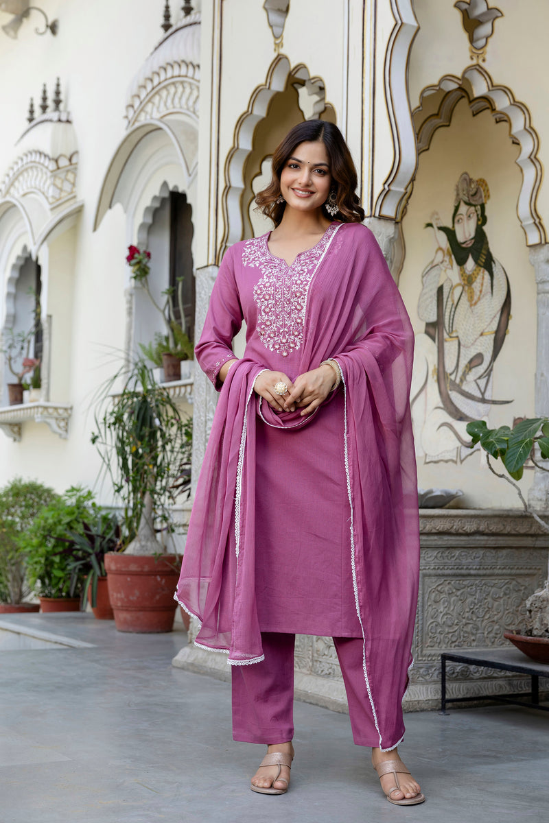 EthniFlair Yoke Design Notch Neck Straight Kurta With Trousers & Dupatta
