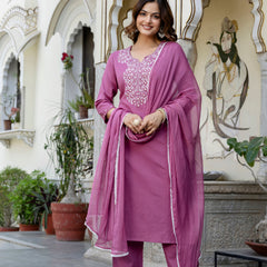 EthniFlair Yoke Design Notch Neck Straight Kurta With Trousers & Dupatta