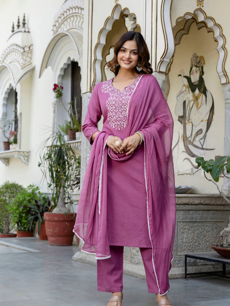 EthniFlair Yoke Design Notch Neck Straight Kurta With Trousers & Dupatta