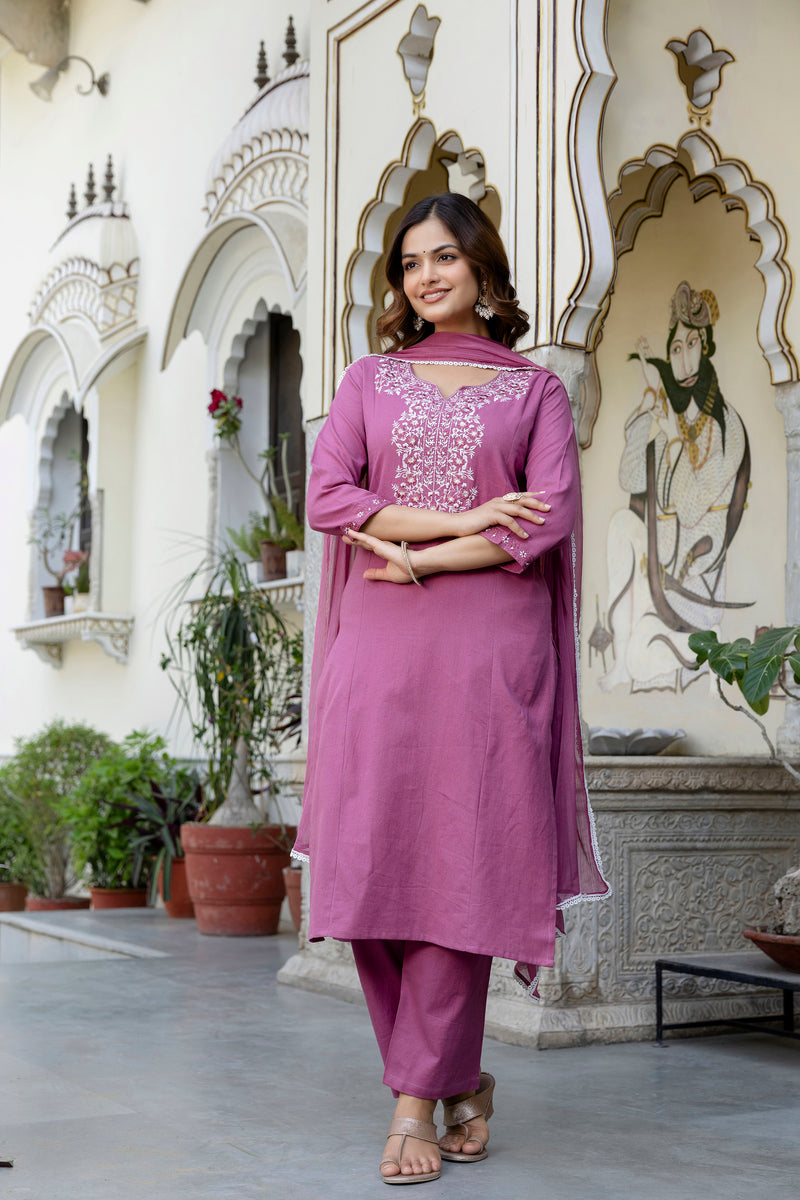 EthniFlair Yoke Design Notch Neck Straight Kurta With Trousers & Dupatta