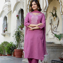 EthniFlair Yoke Design Notch Neck Straight Kurta With Trousers & Dupatta