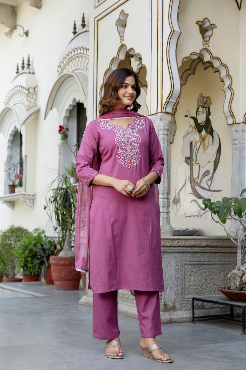 EthniFlair Yoke Design Notch Neck Straight Kurta With Trousers & Dupatta