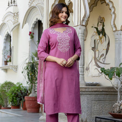 EthniFlair Yoke Design Notch Neck Straight Kurta With Trousers & Dupatta