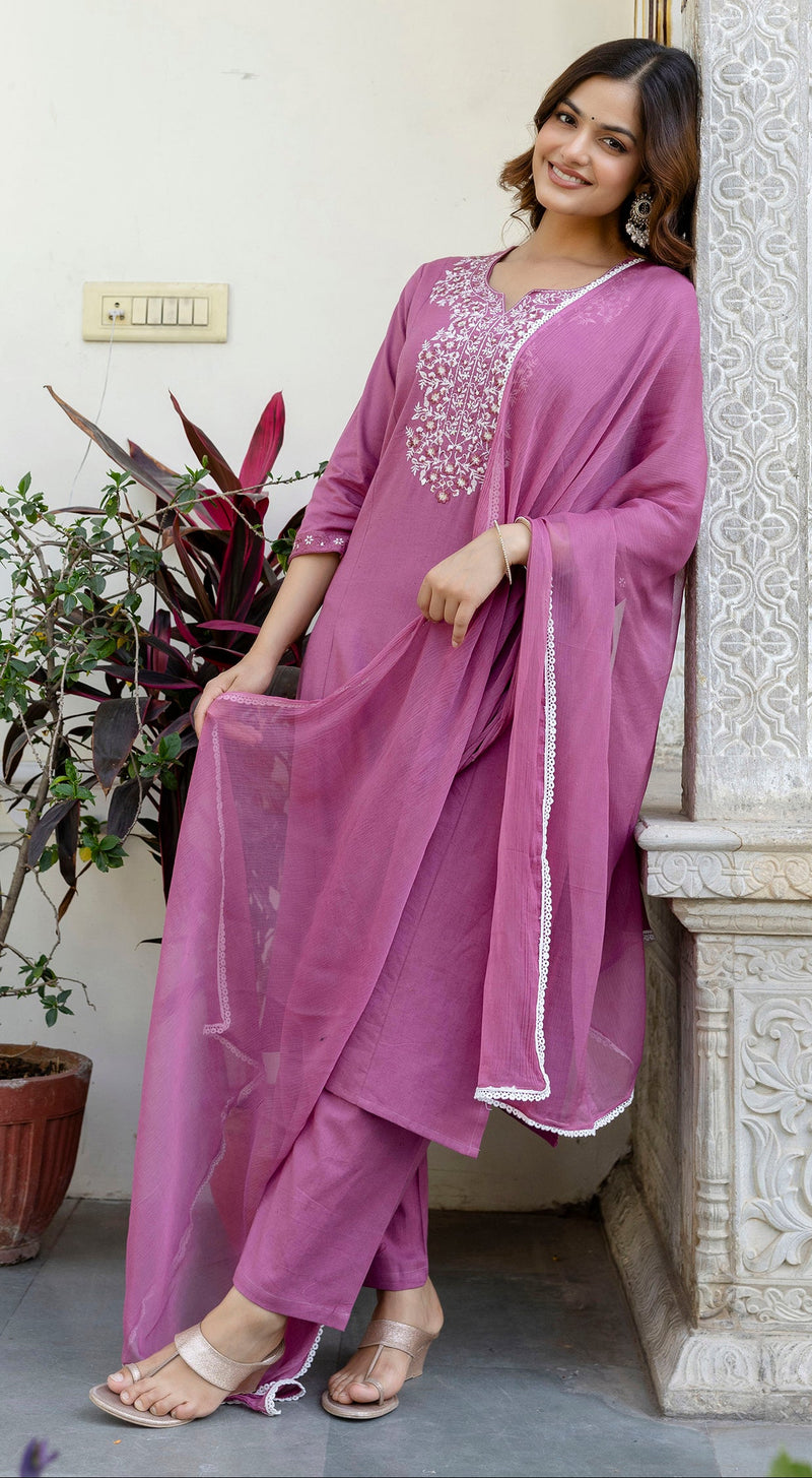 EthniFlair Yoke Design Notch Neck Straight Kurta With Trousers & Dupatta