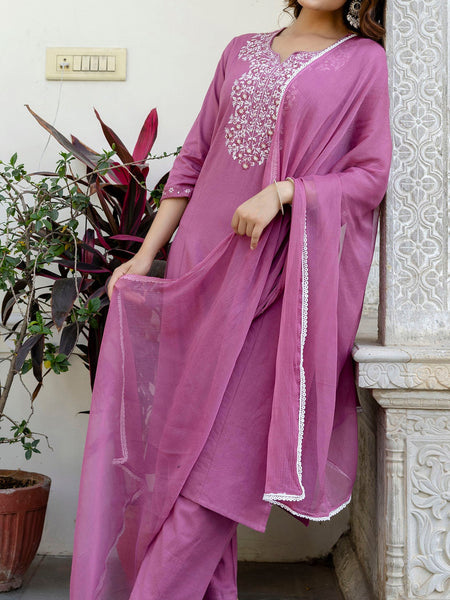 EthniFlair Yoke Design Notch Neck Straight Kurta With Trousers & Dupatta