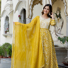 EthniFlair Floral Printed Notch Neck Anarkali Kurta & Trousers With Dupatta