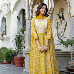 EthniFlair Floral Printed Notch Neck Anarkali Kurta & Trousers With Dupatta