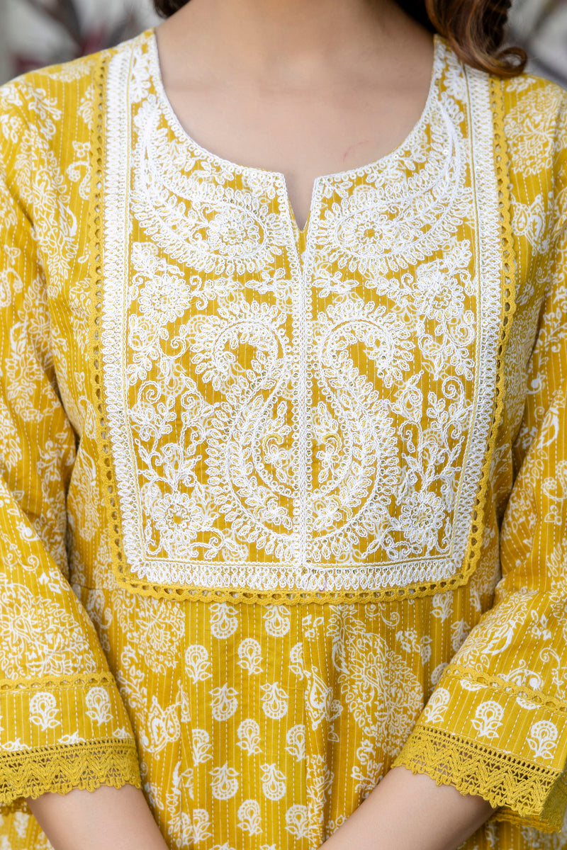 EthniFlair Floral Printed Notch Neck Anarkali Kurta & Trousers With Dupatta