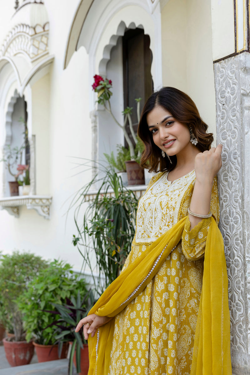 EthniFlair Floral Printed Notch Neck Anarkali Kurta & Trousers With Dupatta