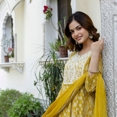 EthniFlair Floral Printed Notch Neck Anarkali Kurta & Trousers With Dupatta