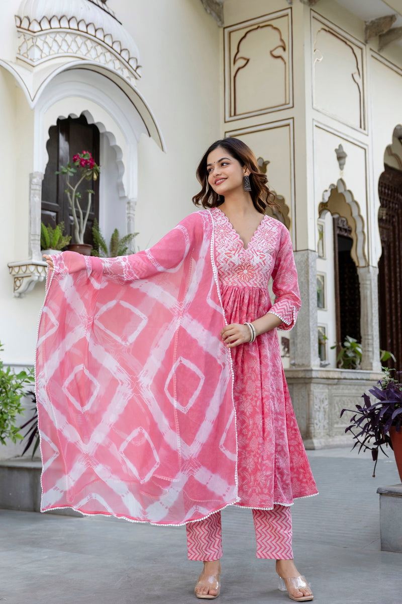EthniFlair Floral Embroidered Kurta with Pyjama & Dupatta