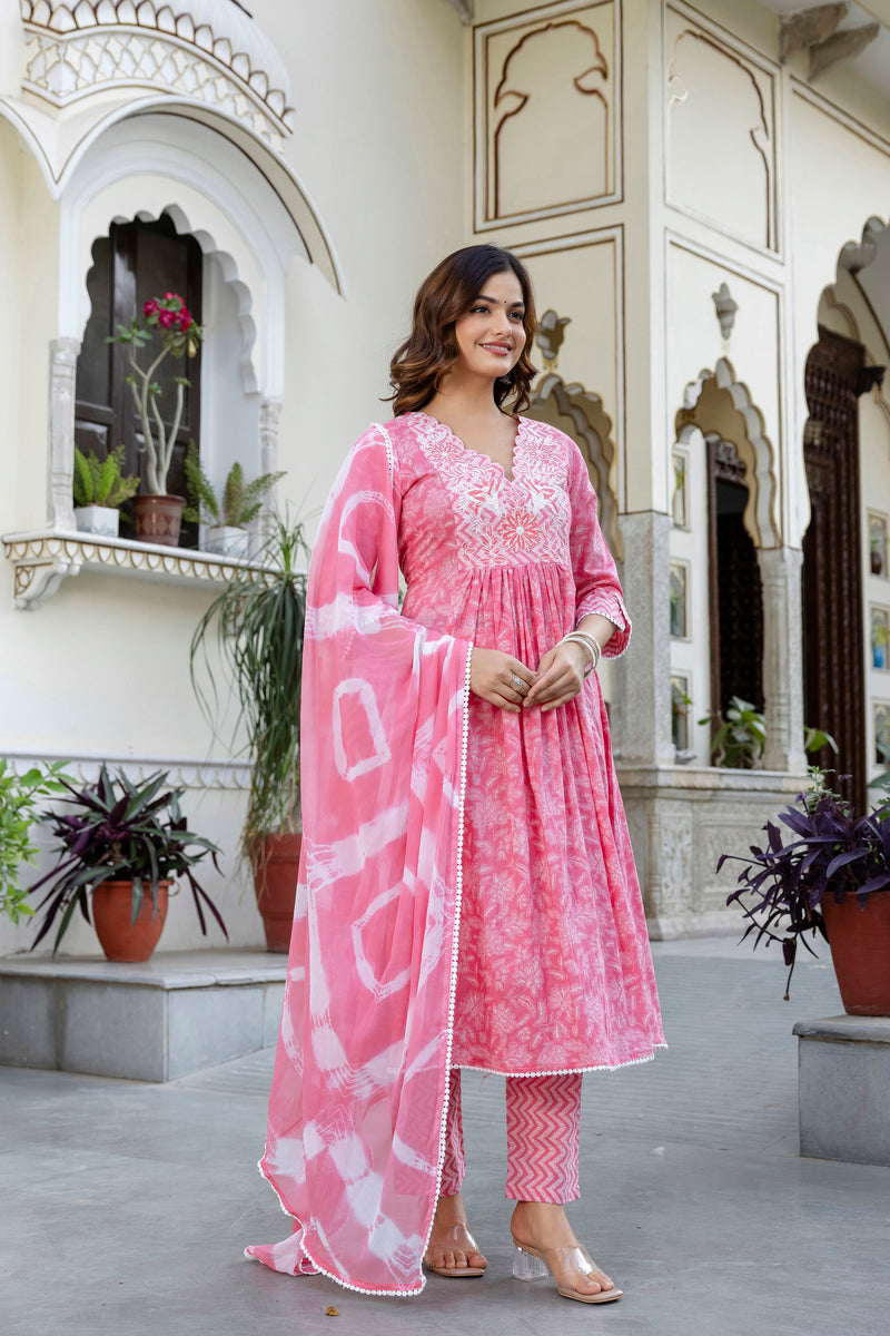 EthniFlair Floral Embroidered Kurta with Pyjama & Dupatta
