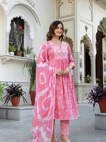 EthniFlair Floral Embroidered Kurta with Pyjama & Dupatta