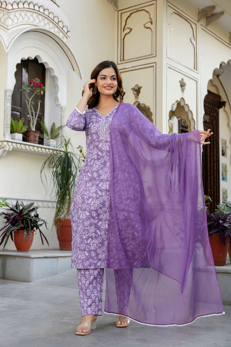 EthniFlair Floral Yoke Design Aari Work Kurta with Pyjamas & Dupatta