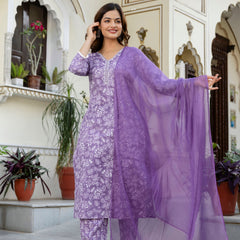 EthniFlair Floral Yoke Design Aari Work Kurta with Pyjamas & Dupatta