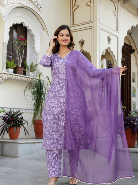EthniFlair Floral Yoke Design Aari Work Kurta with Pyjamas & Dupatta