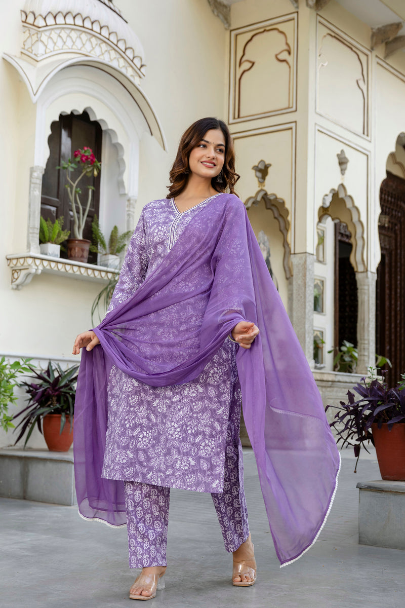 EthniFlair Floral Yoke Design Aari Work Kurta with Pyjamas & Dupatta