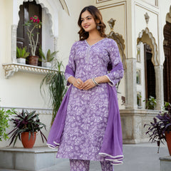 EthniFlair Floral Yoke Design Aari Work Kurta with Pyjamas & Dupatta