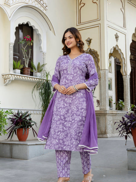 EthniFlair Floral Yoke Design Aari Work Kurta with Pyjamas & Dupatta