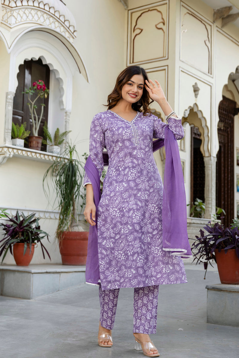 EthniFlair Floral Yoke Design Aari Work Kurta with Pyjamas & Dupatta