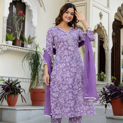 EthniFlair Floral Yoke Design Aari Work Kurta with Pyjamas & Dupatta