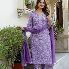 EthniFlair Floral Yoke Design Aari Work Kurta with Pyjamas & Dupatta