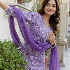 EthniFlair Floral Yoke Design Aari Work Kurta with Pyjamas & Dupatta