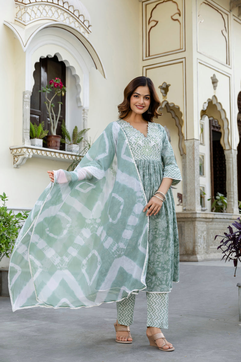 EthniFlair Floral Embroidered Kurta with Pyjama & Dupatta