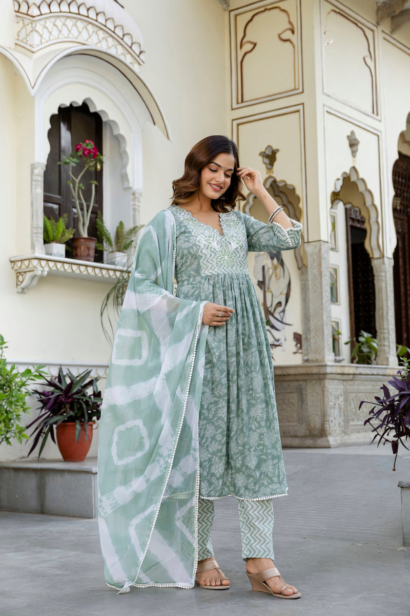 EthniFlair Floral Embroidered Kurta with Pyjama & Dupatta