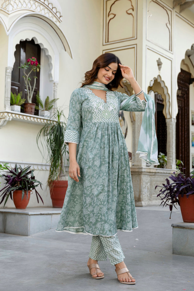 EthniFlair Floral Embroidered Kurta with Pyjama & Dupatta