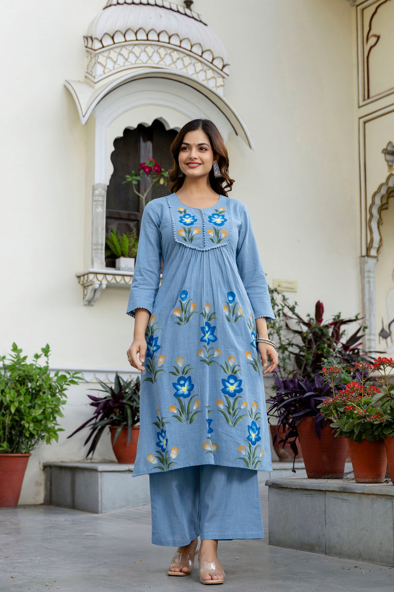 EthniFlair Phulari Pleated Kurta with Pyjama & Dupatta
